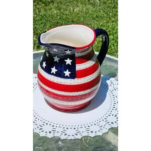 Patriotic Ceramic Pitcher Red White Blue Stars Stripes American Flag Jug Vase